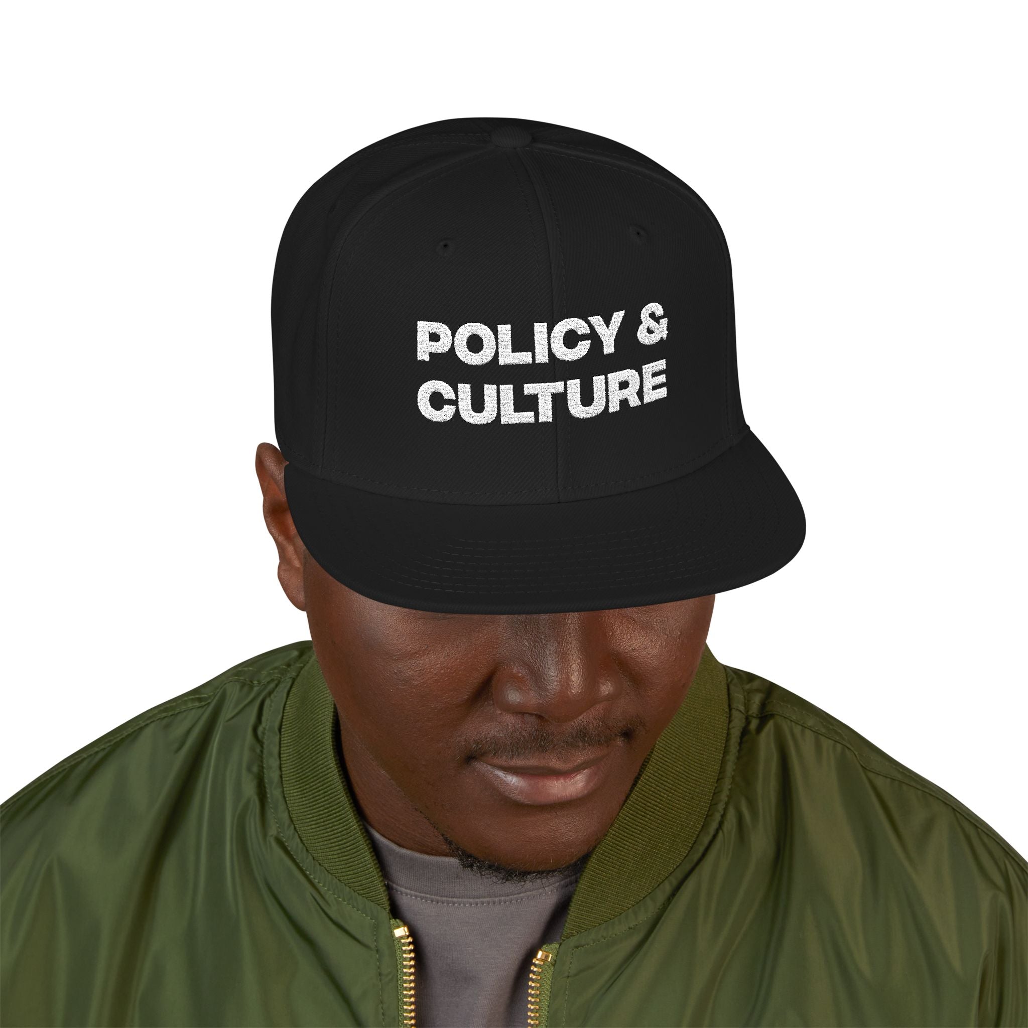 Policy & Culture Embroidered Snapback Hat Bold White Text