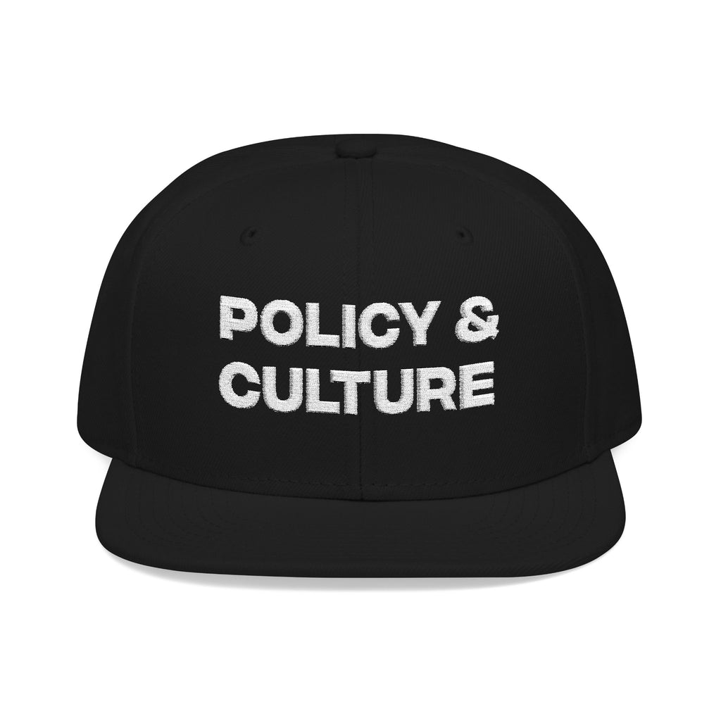 Policy & Culture Embroidered Snapback Hat Bold White Text