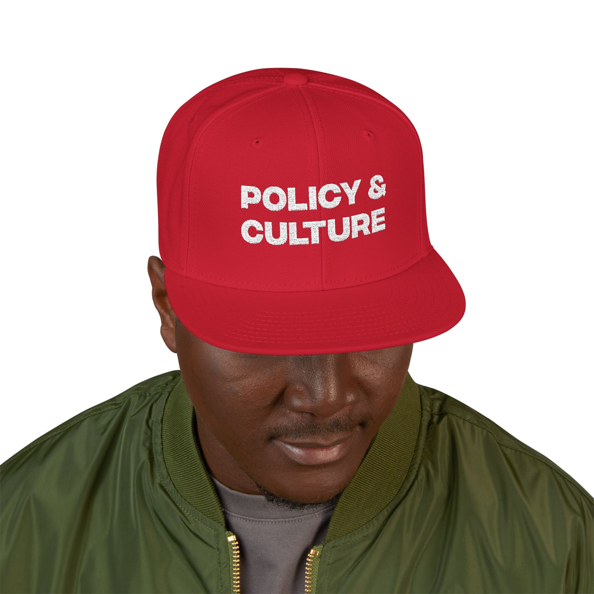Policy & Culture Embroidered Snapback Hat Bold White Text